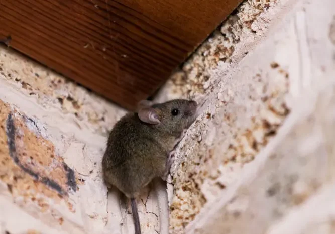 Mouse climbing between brick walls indoors.