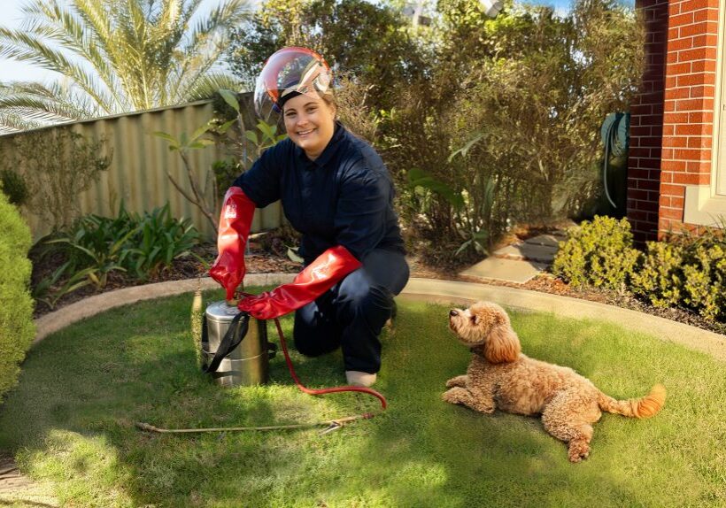 pest technician in gear with dog on lawn.